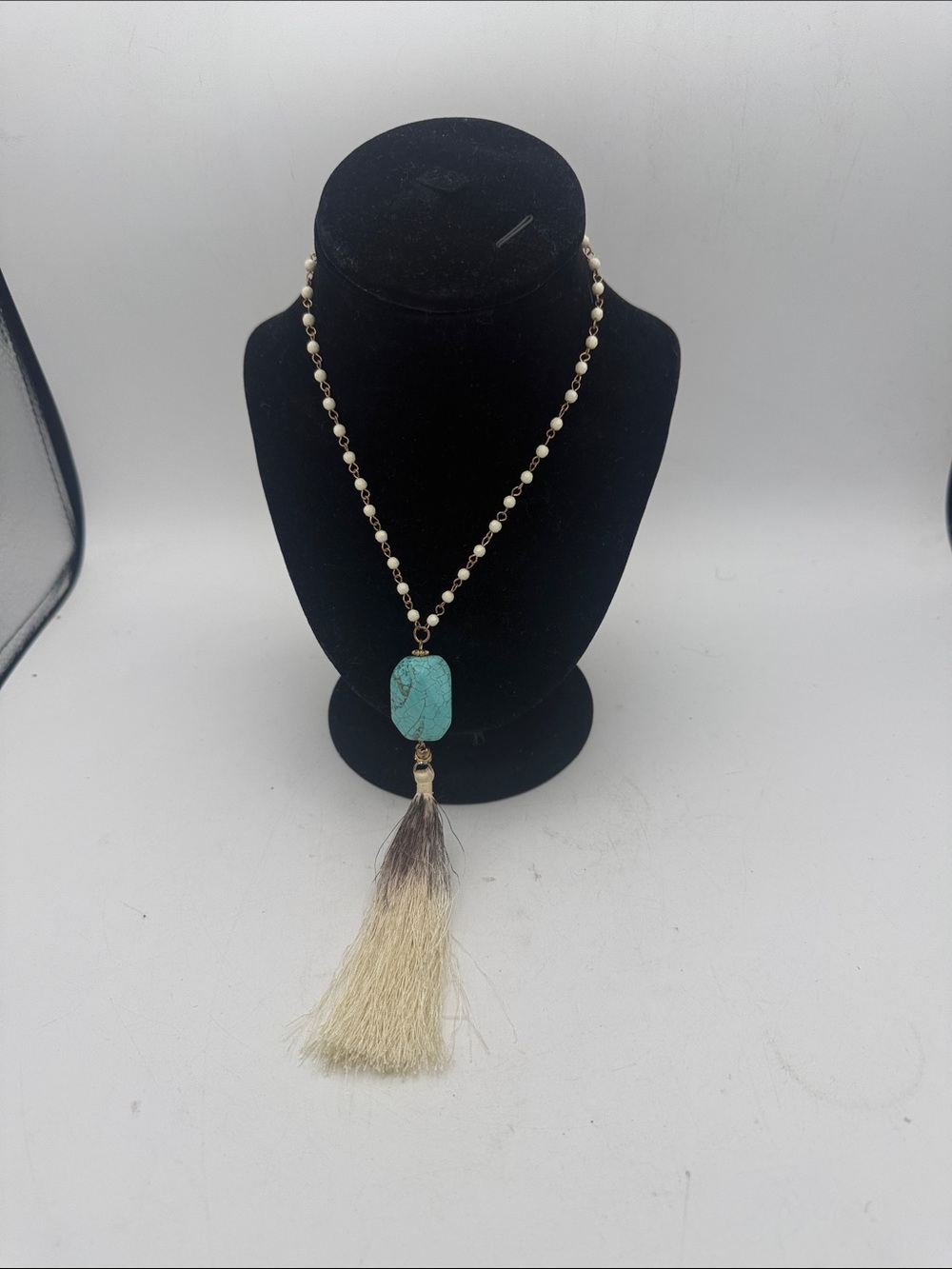 BOHO necklace turquoise colored stone cream to dark ombré tassel 21” NWT